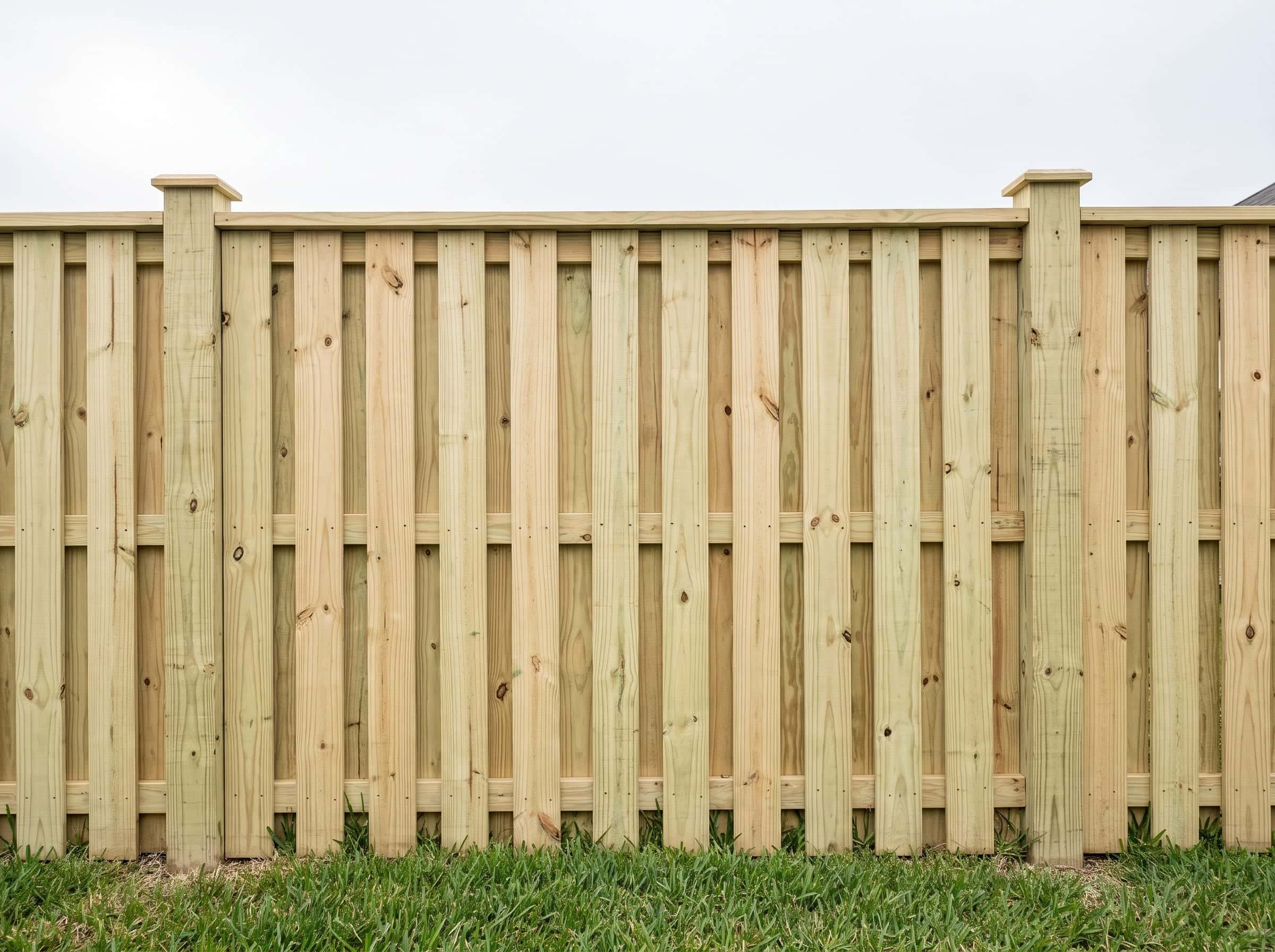 A pressure-treated pine privacy fence, freshly built, along a Texas back yard