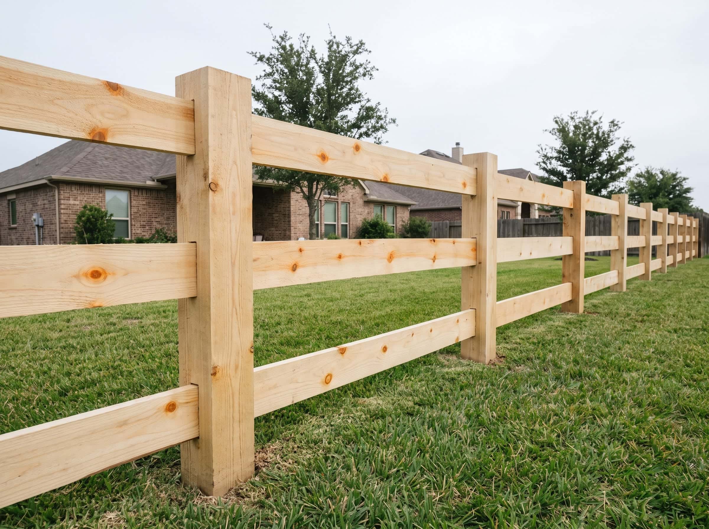 A three-rail cedar ranch fence marking the boundary of Texas acreage