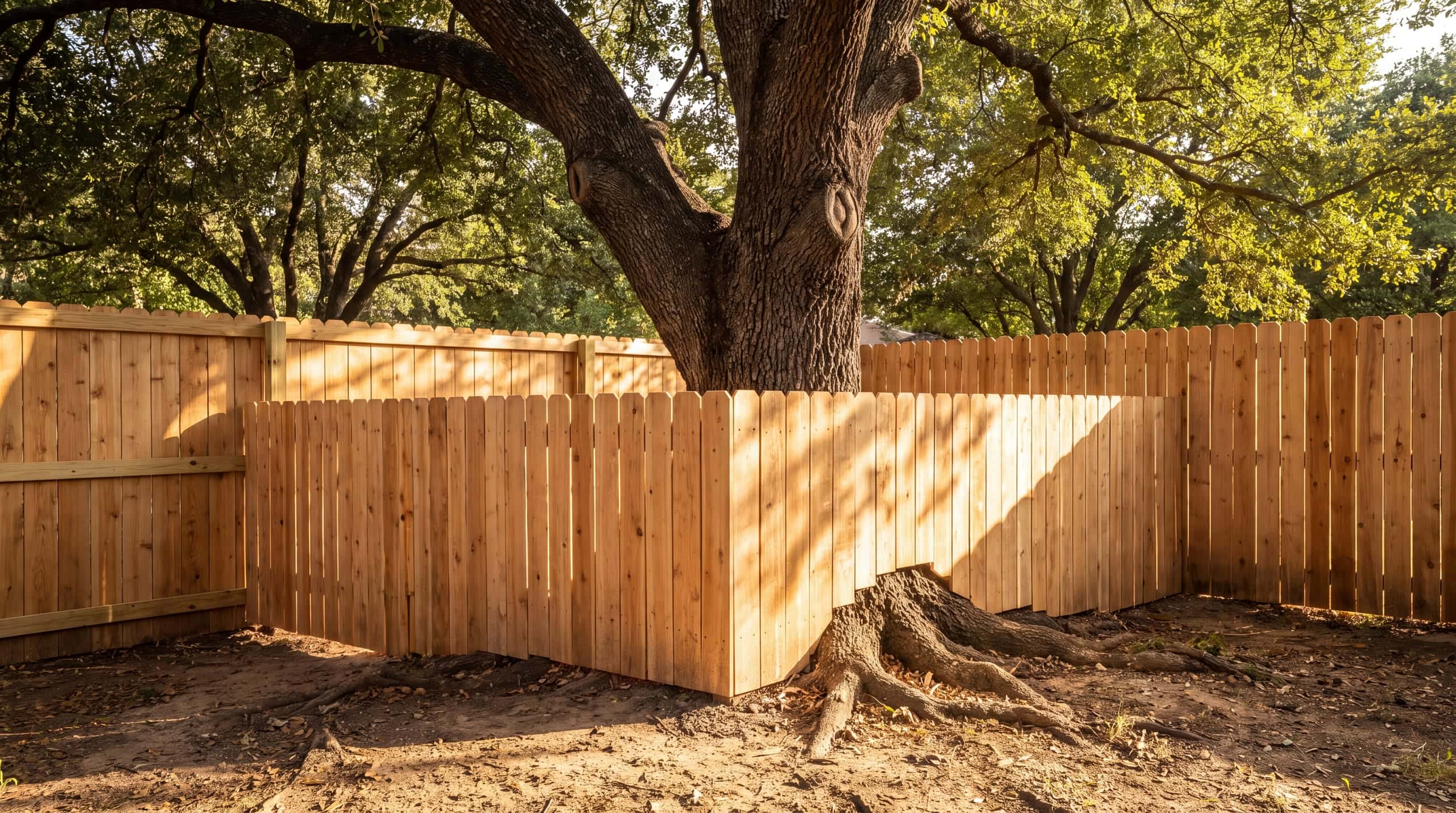 A new cedar fence stepping out and around the trunk and roots of a mature live oak