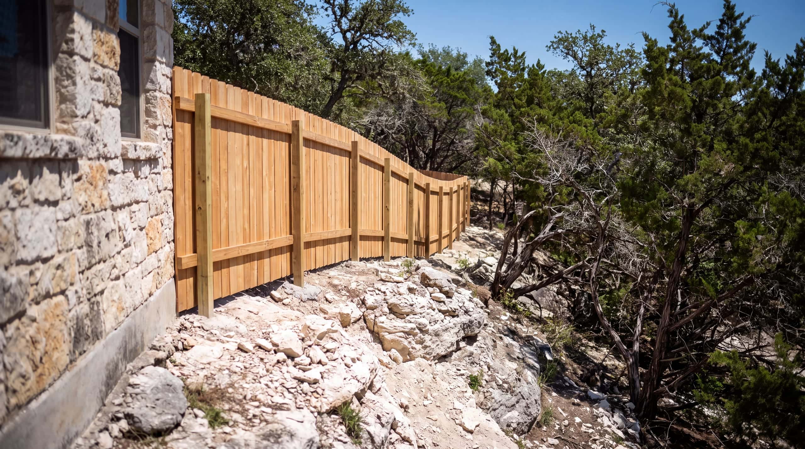 A cedar fence racked down a steep limestone grade beside a Hill Country house