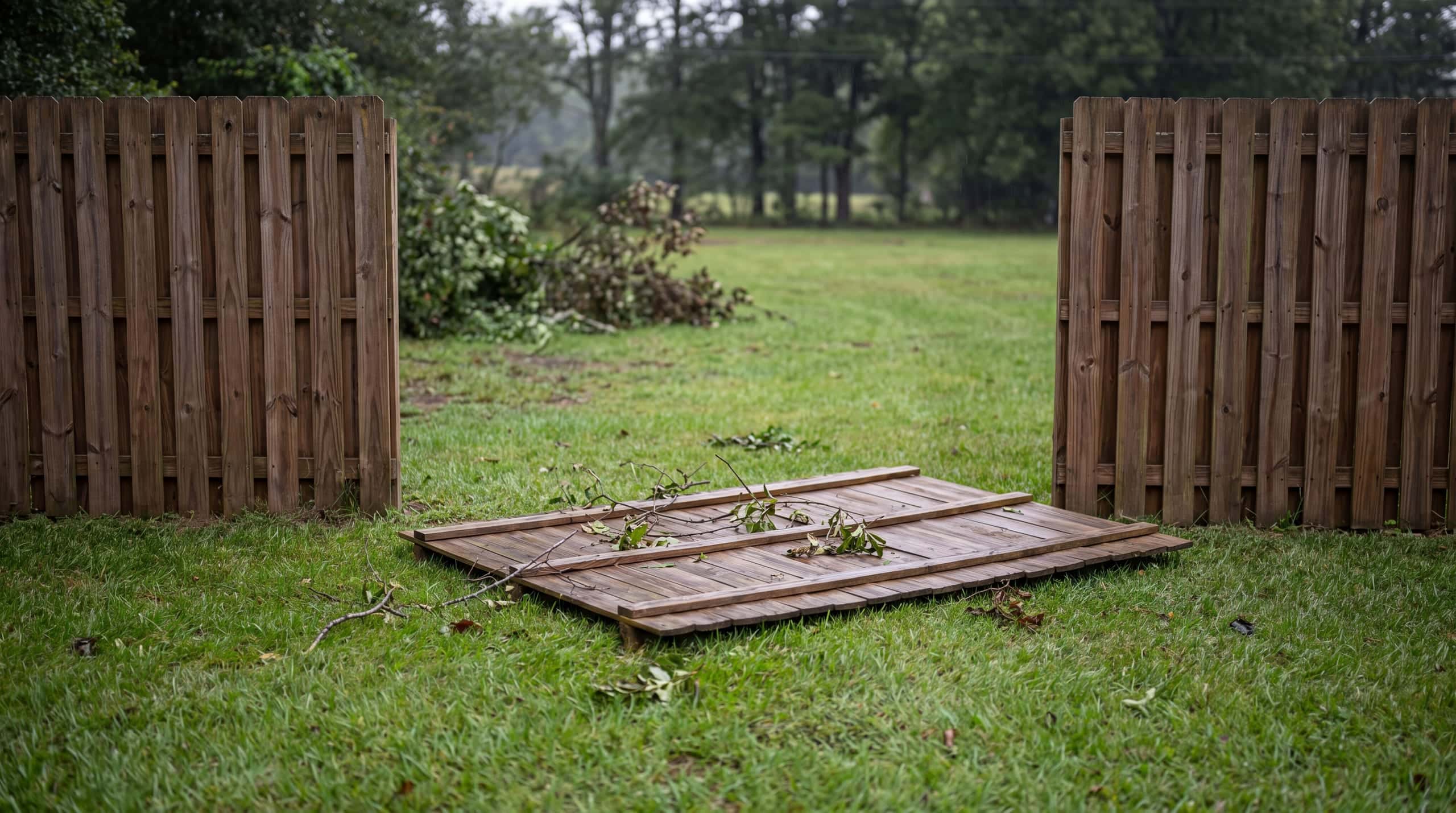 One section of fence flat on the lawn while the line on either side stands undamaged