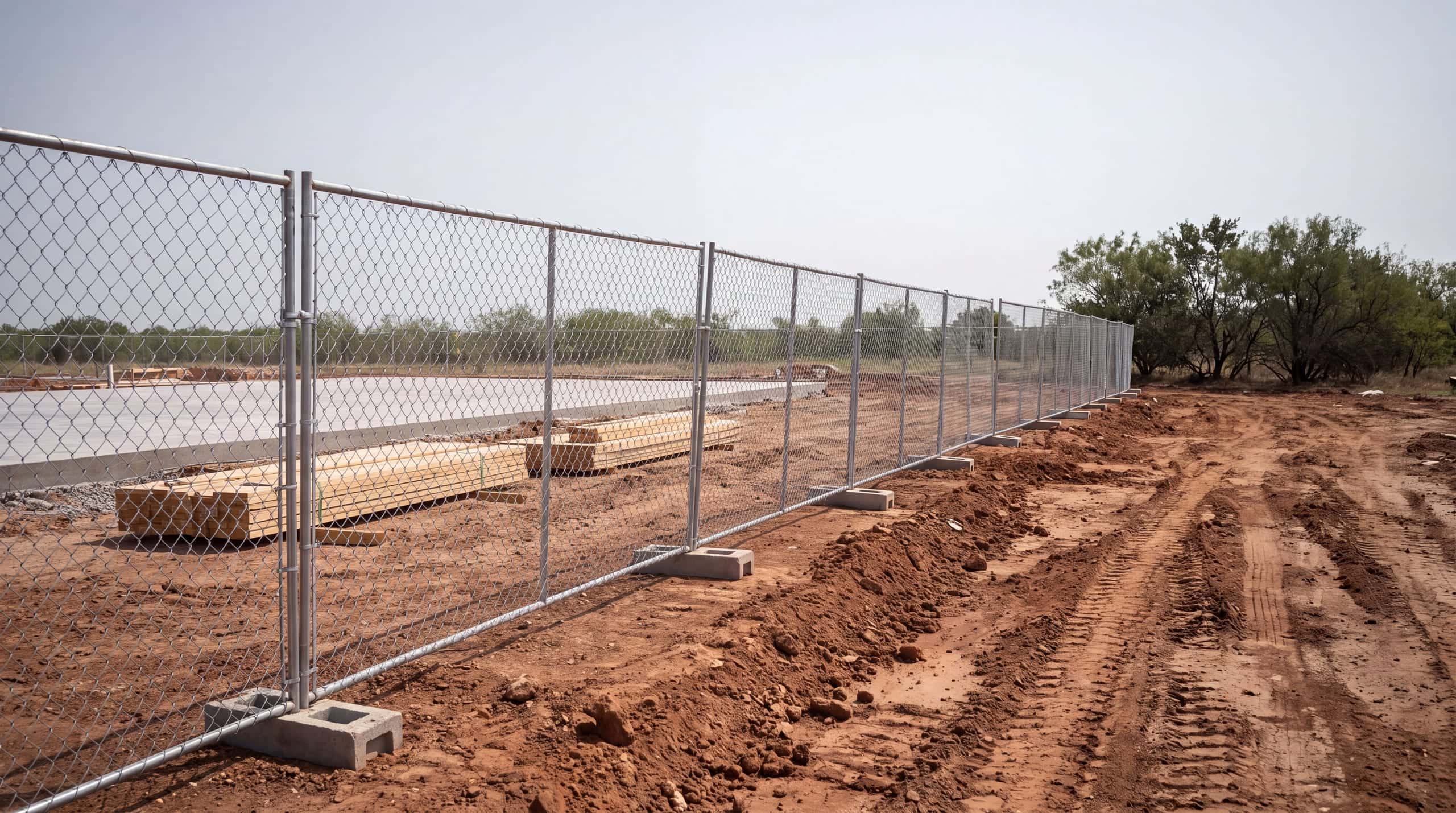 Temporary chain link panels on weighted feet along the edge of a Texas construction site