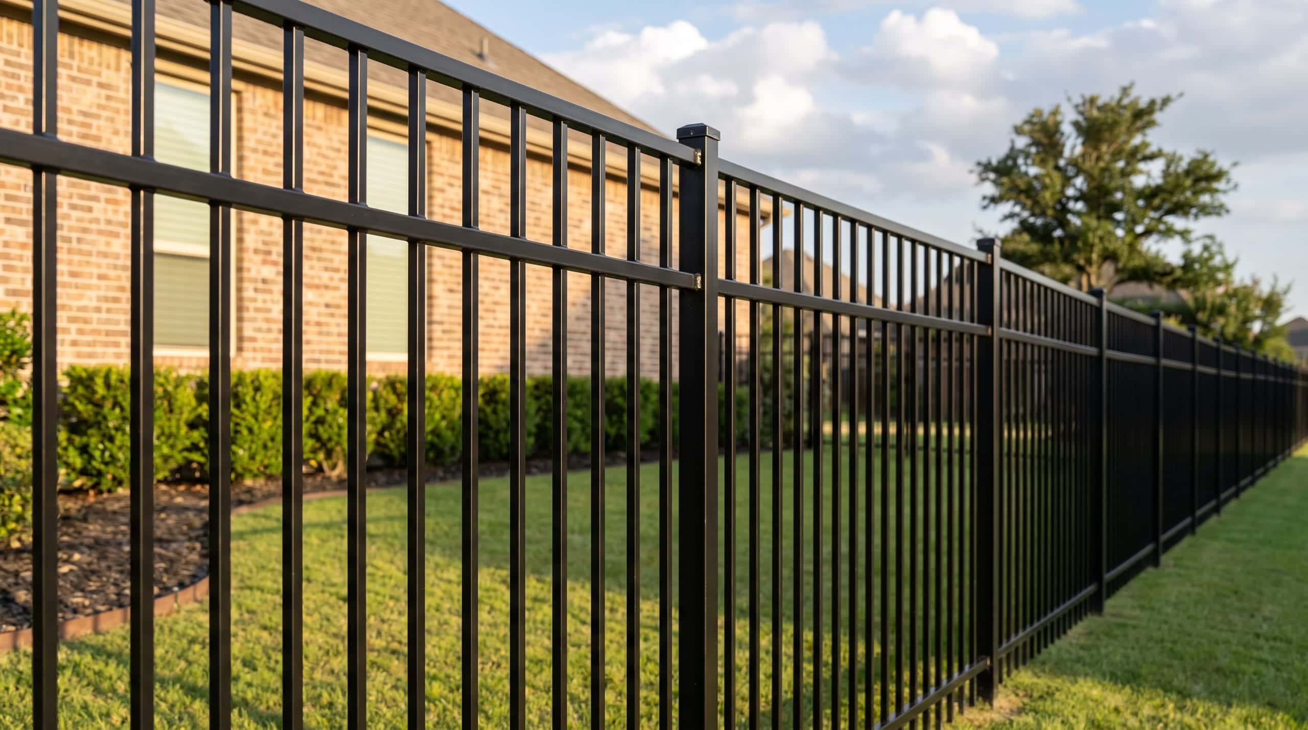 A flat-top ornamental steel fence along a front lawn, with a matching walk gate set into it